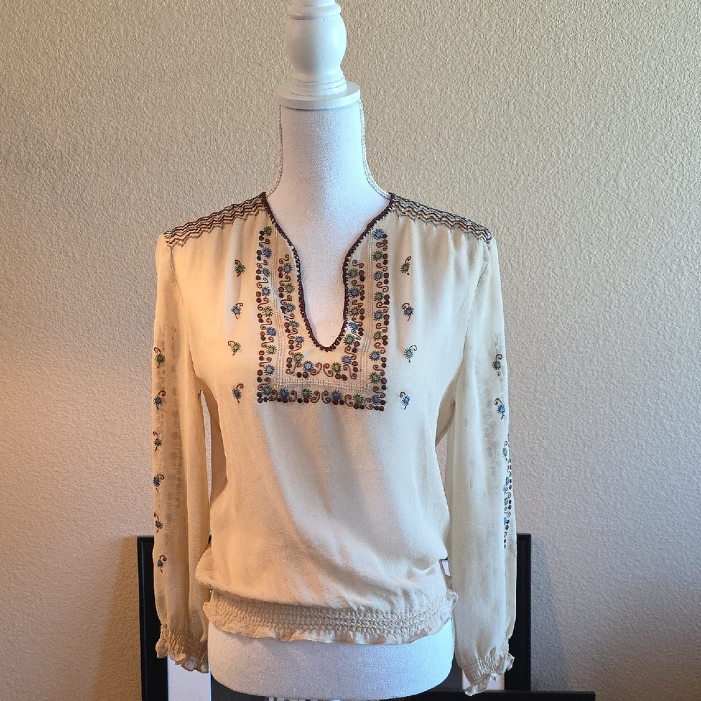 BCBG Max Azria, 90s, Silk Embroidered Tan Blouse, 6
